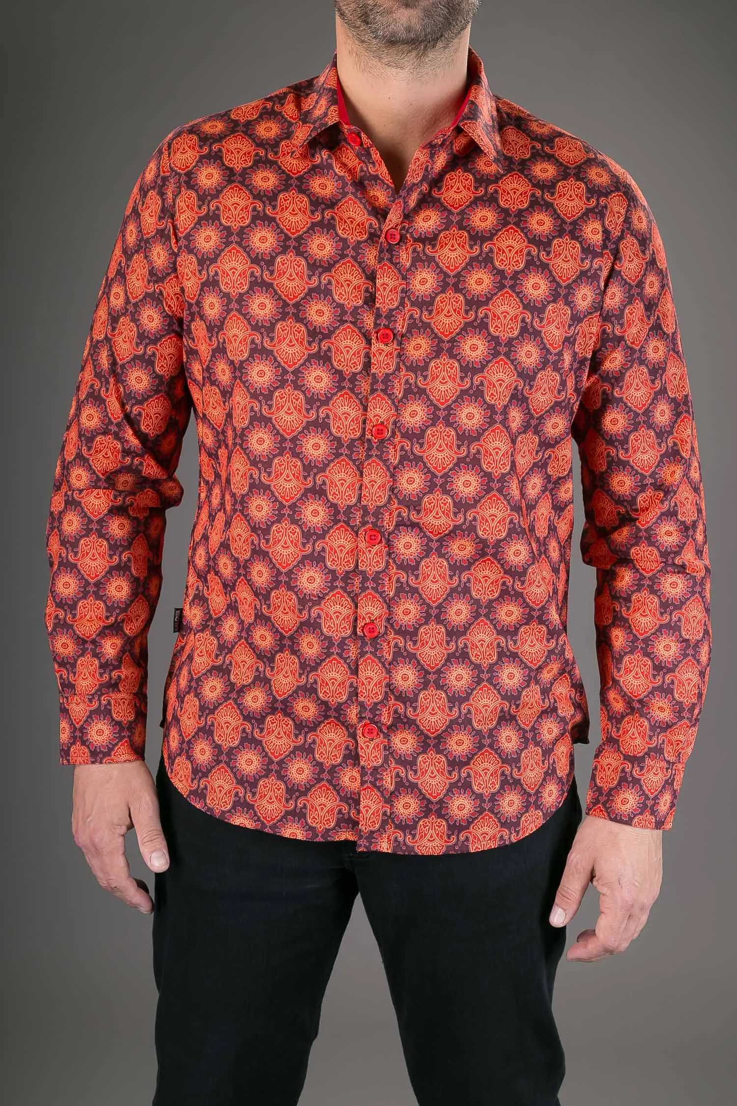 Red Orange Print Cotton Slim-Fit  Long-Sleeve Mens Shirt