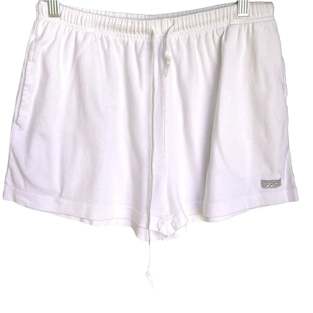 Reebok Women's Vintage White Elastic Drawstring Waist Cotton Athletic Shorts - L