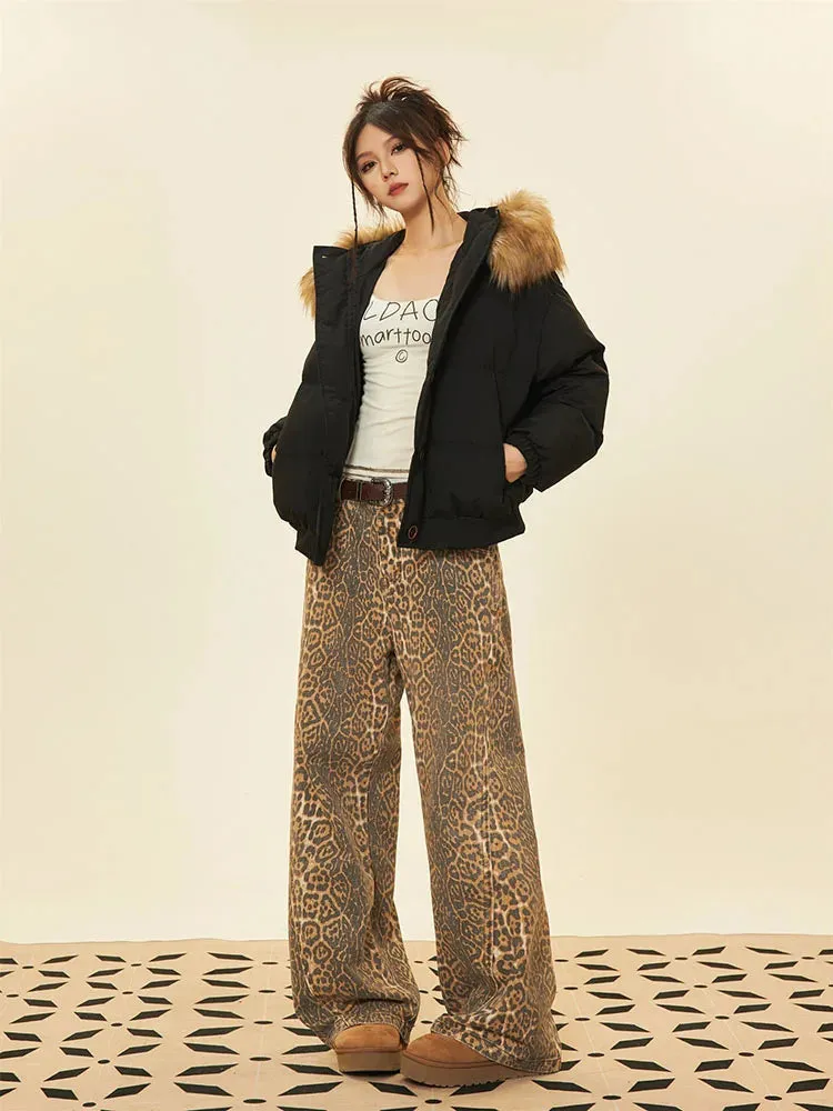 Retro Leopard Print American Versatile Street Jeans