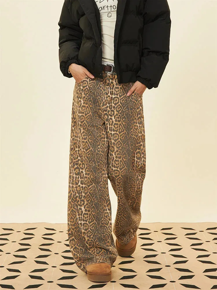 Retro Leopard Print American Versatile Street Jeans