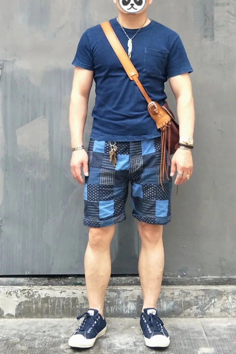 Retro Wabash Patchwork Plaid Shorts - Casual Men's Indigo