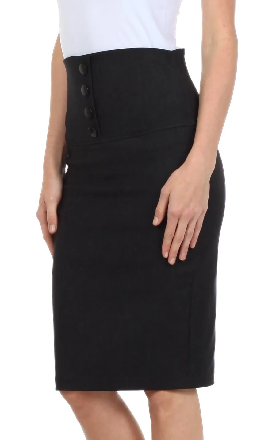 Sakkas Petite High Waist Stretch Pencil Skirt with Four Button Detail