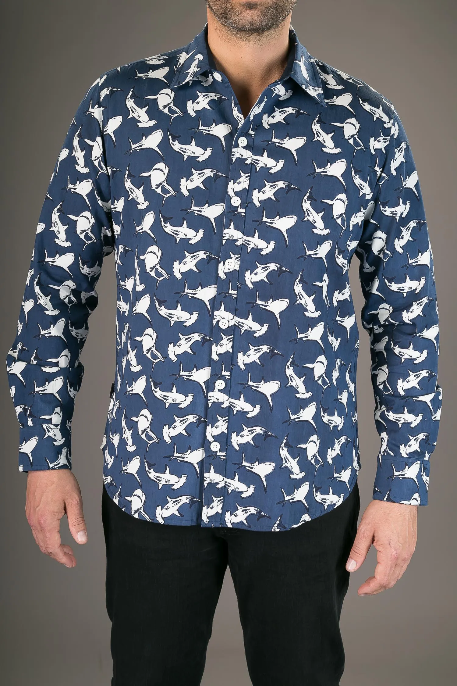 Shark Print Cotton Slim Fit Mens Shirt Long Sleeve