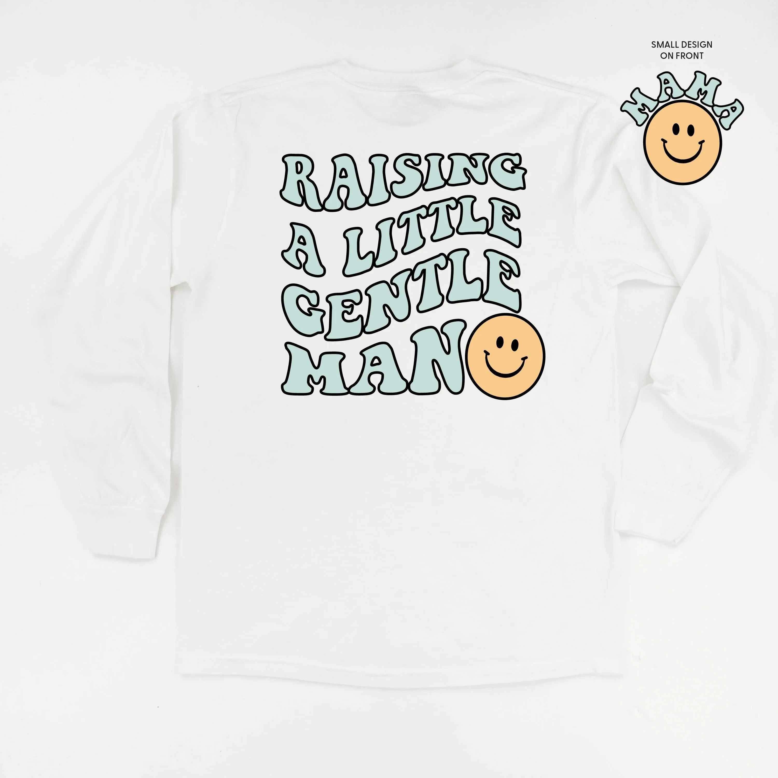 THE RETRO EDIT - Mama Smiley Pocket on Front w/ Raising a Little Gentleman (Singular) on Back - LONG SLEEVE COMFORT COLORS TEE