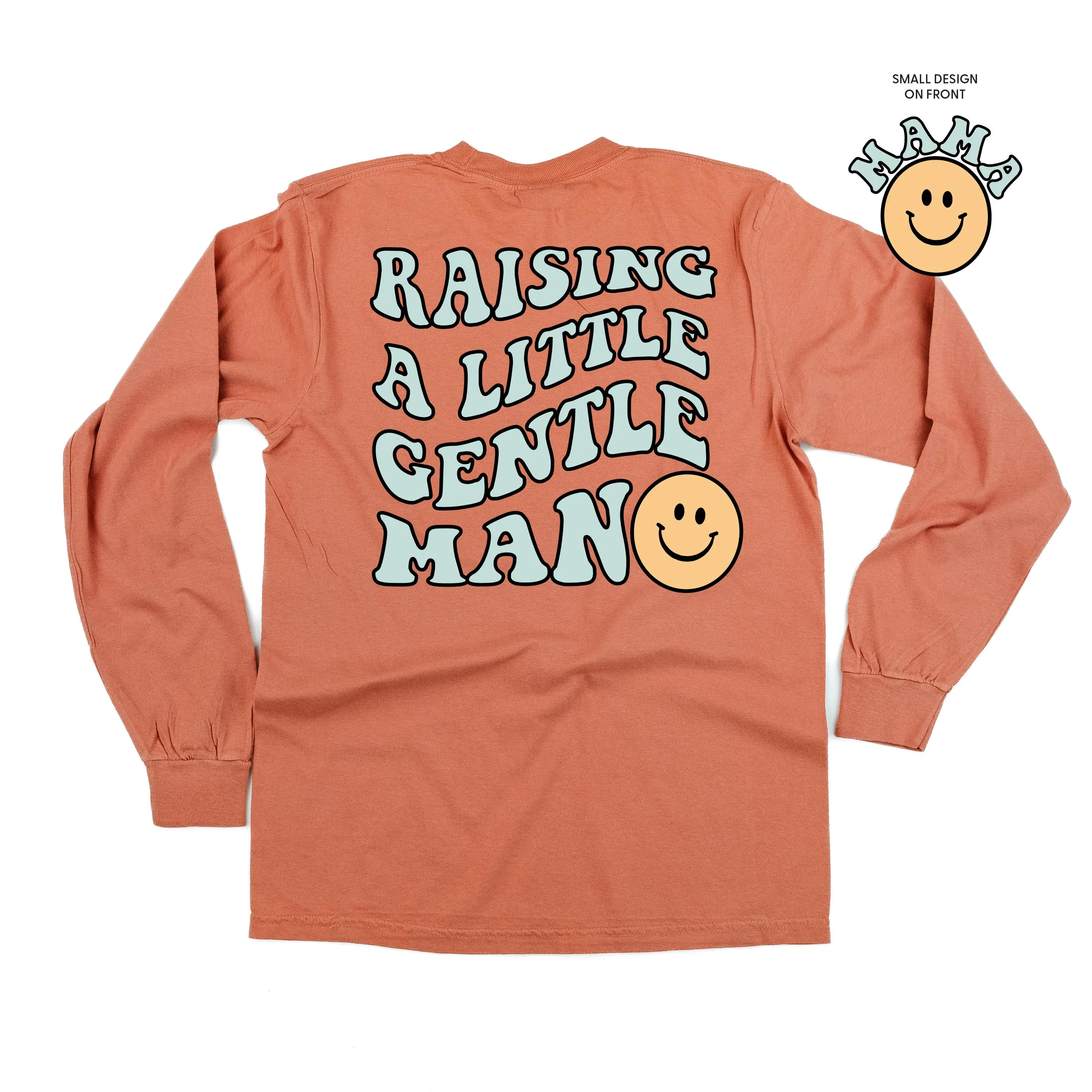 THE RETRO EDIT - Mama Smiley Pocket on Front w/ Raising a Little Gentleman (Singular) on Back - LONG SLEEVE COMFORT COLORS TEE