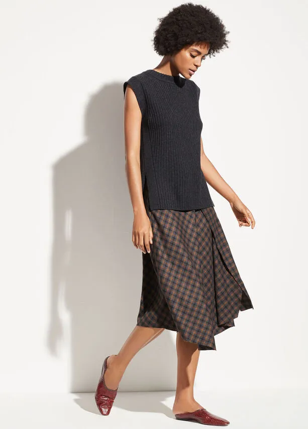 VINCE - Check Plaid Drape Skirt in Mahogany