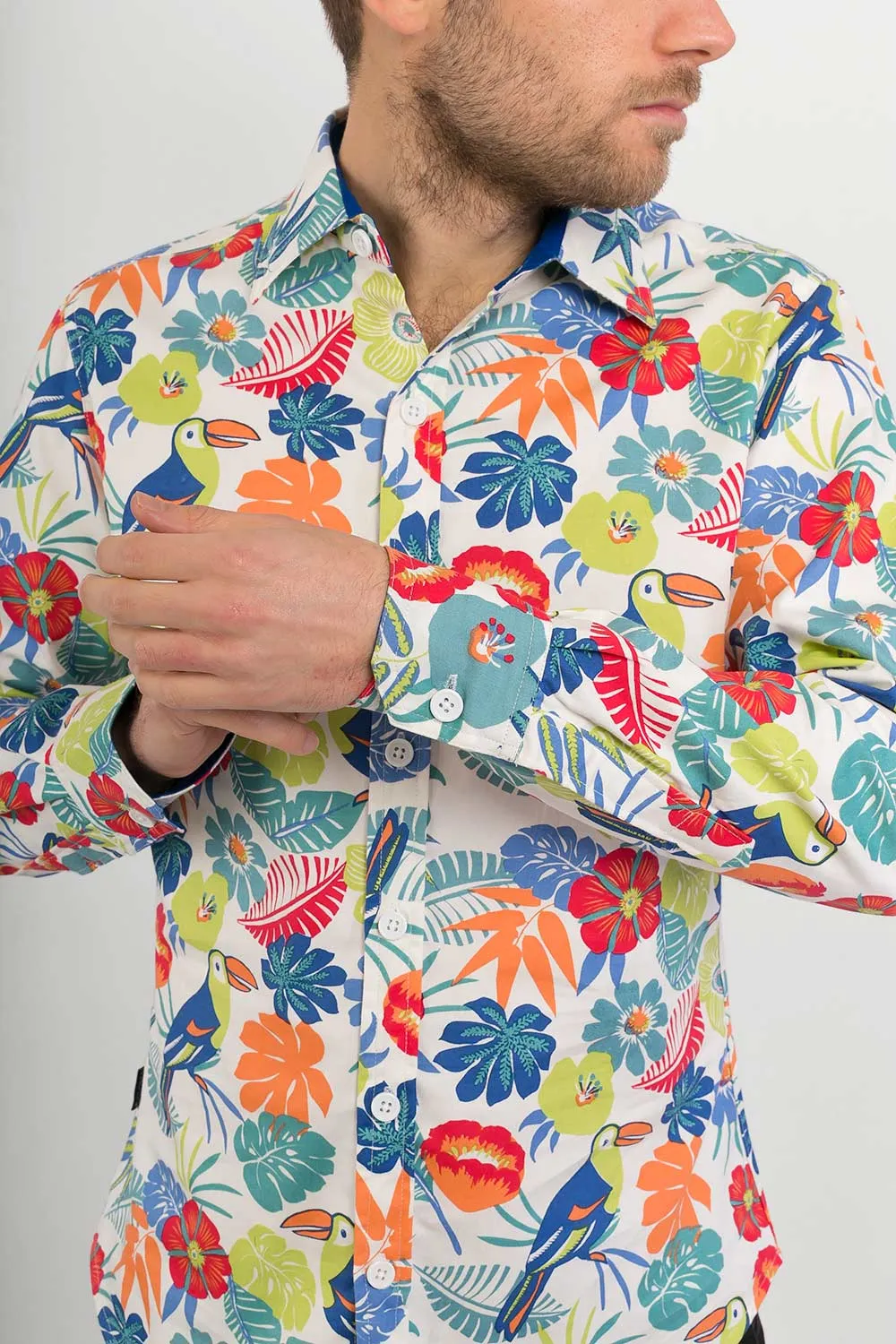 White Tropical Print Cotton Slim Fit Mens Shirt Long Sleeve