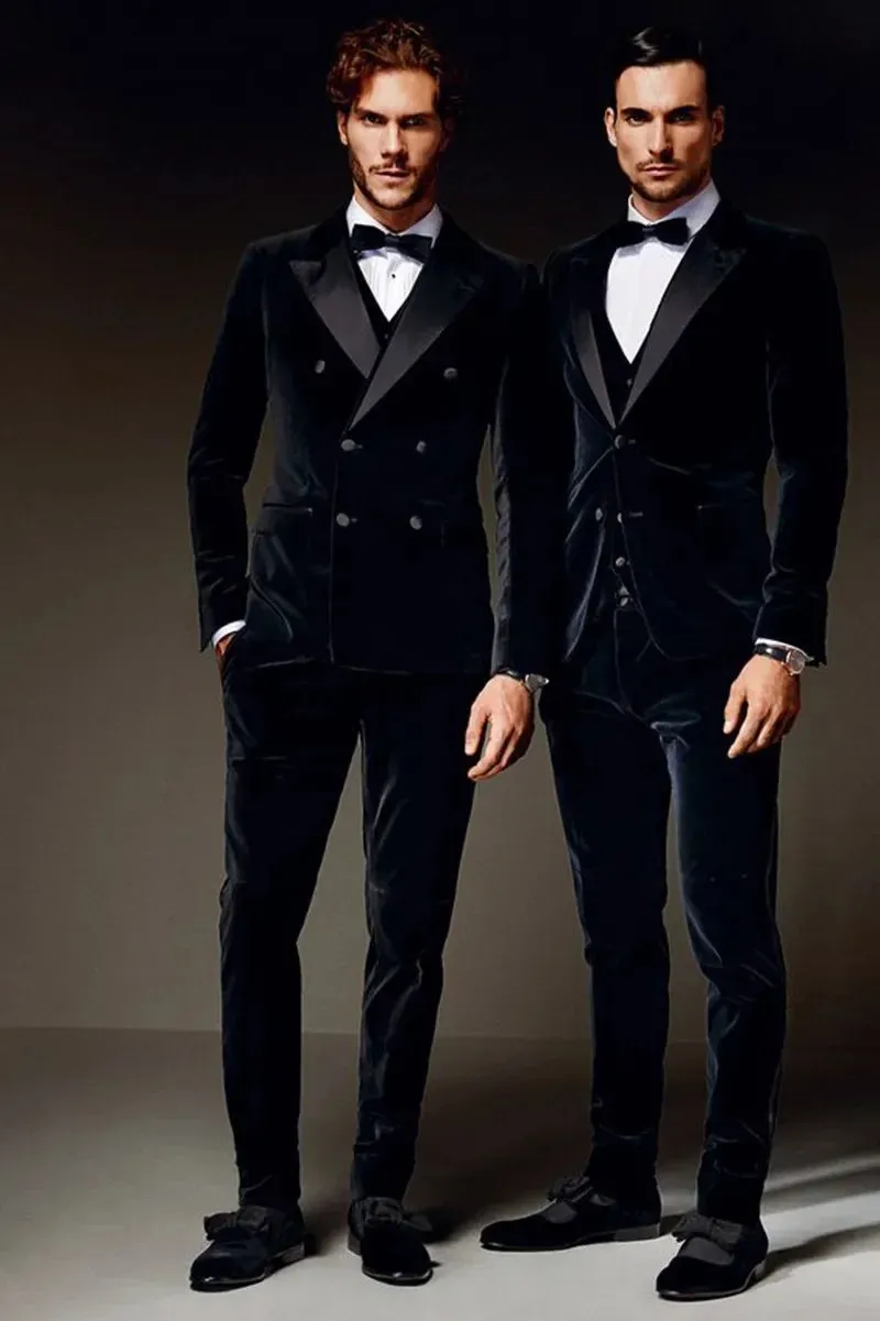 Wiaofellas  -  Custom Velvet Men's Suits High Quality Groom Tuxedos Wedding Suit Men Best Man Blazers 3 Piece Set Fall Winter Black Navy Blue