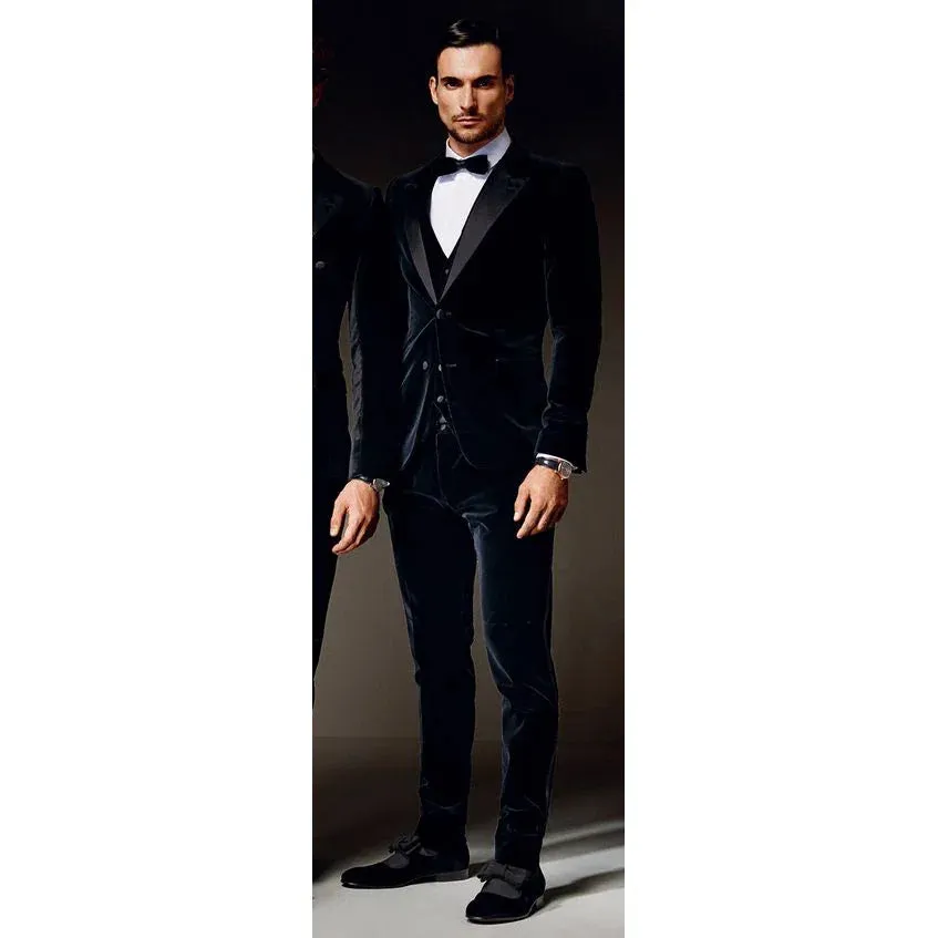 Wiaofellas  -  Custom Velvet Men's Suits High Quality Groom Tuxedos Wedding Suit Men Best Man Blazers 3 Piece Set Fall Winter Black Navy Blue