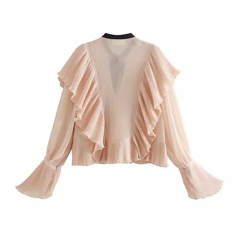 Women Stylish Bow Neck Pink Blouse Flare