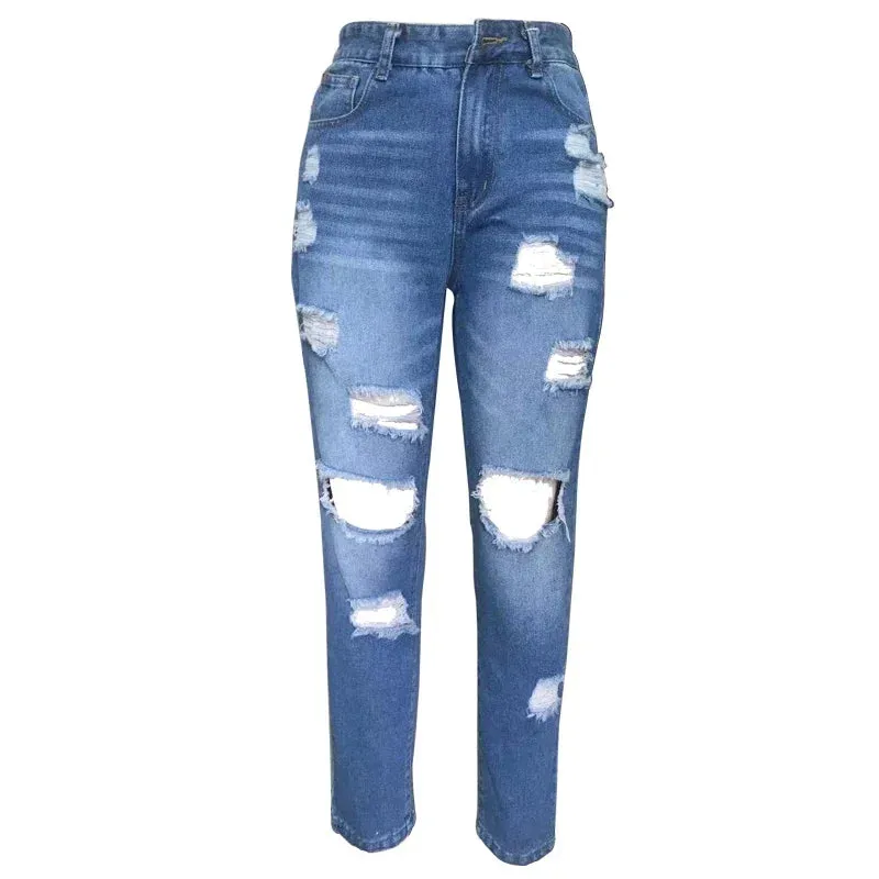 Women's Ripped With Elastic Waist Loose Versatile Spring Summer Thin Style Jeans