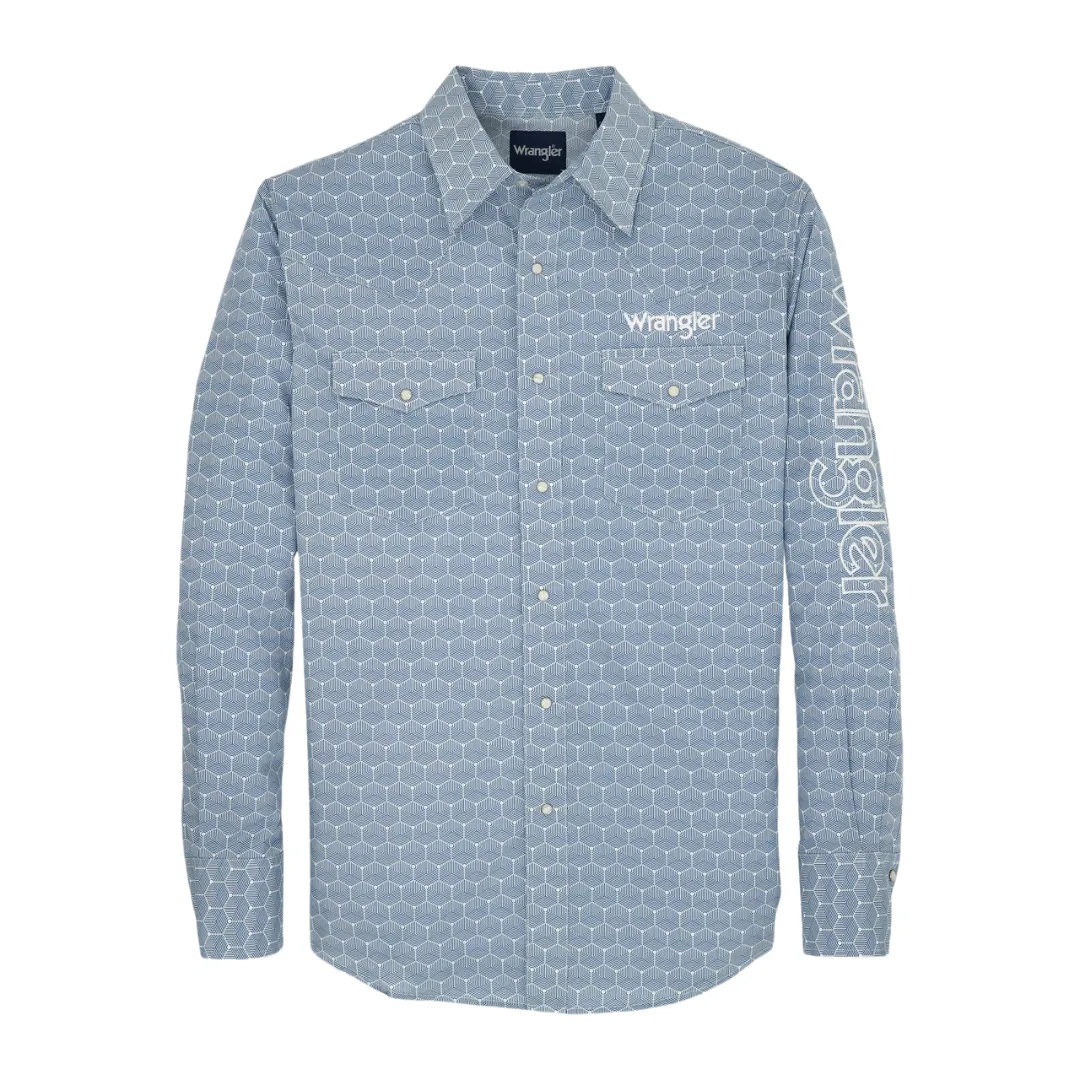 Wrangler Logo Blue Long Sleeve Snap Classic Fit Shirt